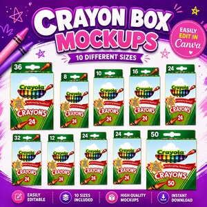 10 Editable Crayon Box Mockup Sizes:

8 Count Crayon Box
10 Count Crayon Box Mockup
12 Count Crayon Box Mockup
16 Count Crayon Box Mockup
24 Count Crayon Box
24 Count Colored Pencil Box Mockup
32 Count Colored Pencil Box 
36 Count Colored Pencil Box 
50 Count Crayon Box Mockps

Back to School
school mockup
back to school
school supplies
canva bundle
notebook mockup
crayon mockup
pencil mockup
backpack mockup
name labels
party favors
editable canva
canva frames
digital download
Back to School