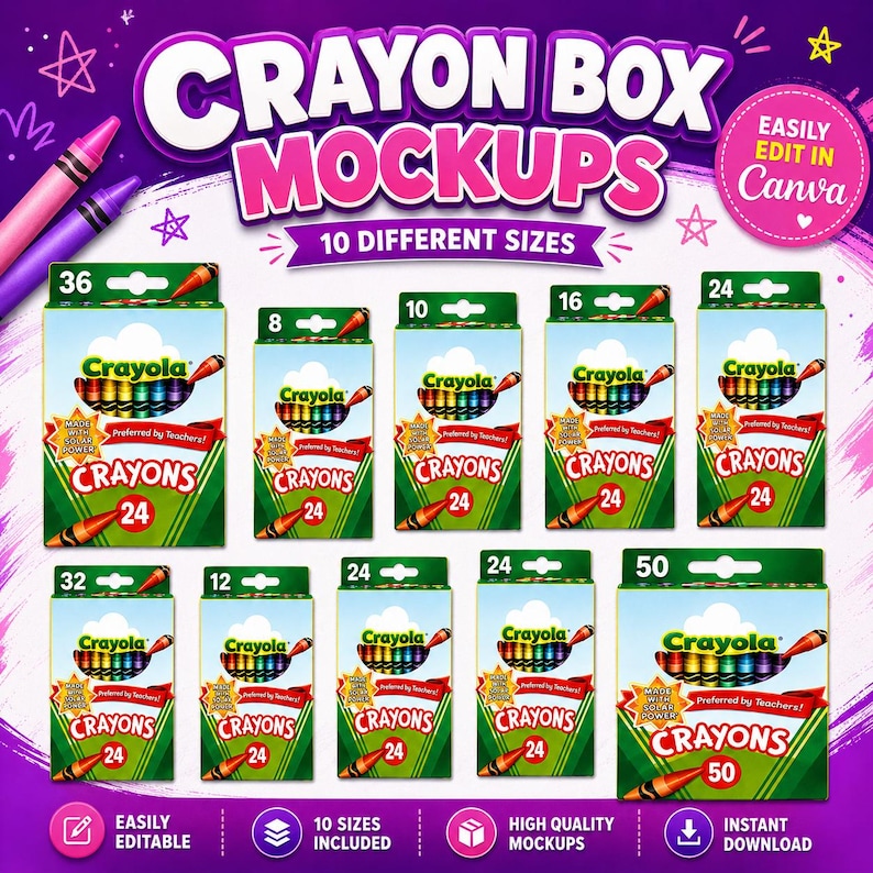10 Editable Crayon Box Mockup Sizes:

8 Count Crayon Box
10 Count Crayon Box Mockup
12 Count Crayon Box Mockup
16 Count Crayon Box Mockup
24 Count Crayon Box
24 Count Colored Pencil Box Mockup
32 Count Colored Pencil Box 
36 Count Colored Pencil Box 
50 Count Crayon Box Mockps

Back to School
school mockup
back to school
school supplies
canva bundle
notebook mockup
crayon mockup
pencil mockup
backpack mockup
name labels
party favors
editable canva
canva frames
digital download
Back to School