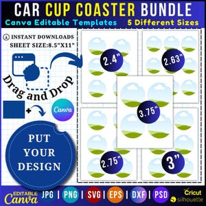 Car Coasters Template Bundle, 2.75&quot; Car Coaster Template, Sublimation Template, Car Cup Coaster Template, Car Coaster Design, Editable Canva