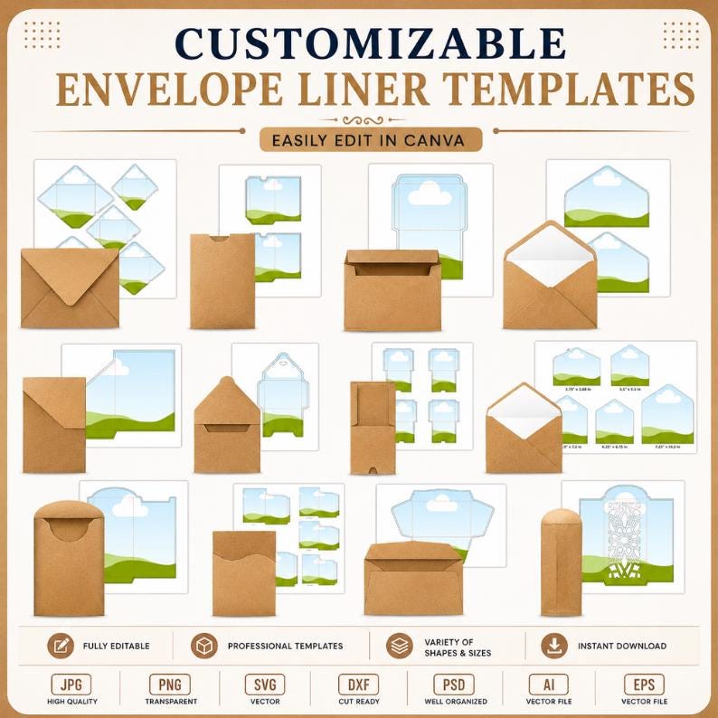 Envelope Template Bundle, Envelope Liner Templates, Money Envelope Template, Cash Envelope SVG, Canva Editable Envelope, Printable Envelope Design, DIY Stationery Template, Wedding Envelope Template, Cricut Envelope SVG, Custom Envelope Design, Envelope Cut Files, SVG DXF PNG PDF, Envelope Mockup Template.
Editable Envelope Liner Template: DIY Stationery Design Canva Digital Download Printable Liner, Wedding C5, C6, A7, Square
Customizable Envelope Liner Templates