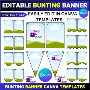 Bunting Banner Template Bundle, Canva Editable Bunting Banners, Flag Banners, Gift Tag Template, Hang Tag Template, Canva Frames, Bunting