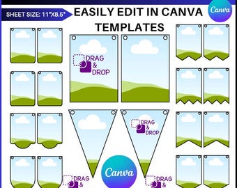10+ Bunting Banner Template Bundle, Canva Editable Template, Flag Banners, Hang Tag Template, Canva Frames,   Bunting Banner, Drag&drop, DIY