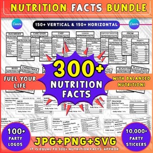 May include: A digital bundle of nutrition facts, including 300+ facts, 100+ party logos, and 10,000+ party stickers. The image features text such as "Nutrition Facts Bundle," "Fuel Your Life," and "With Balanced Nutrition!" in a colorful design.