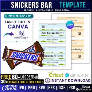 Könnte beinhalten: Eine digitale Snickers-Riegel-Verpackungsvorlage für 21,6 cm x 27,9 cm große Blätter mit bearbeitbaren Canva-Feldern für Bilder und Text, Drag-and-Drop-Funktion sowie Platzhaltern für Nährwertangaben, Logos und QR-Codes.