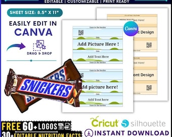 Snickers Template, Snickers Bar Wrapper, Blank Snickers Template, Party Favors, Chocolate Bar Wrapper, Candy Label, Canva Drag and drop, DIY