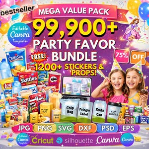 Könnte beinhalten: Eine lebendige Grafik, die ein Party-Geschenk-Bundle bewirbt. Das Bild zeigt den Text "MEGA VALUE PACK" und "99.900+ PARTY FAVOR BUNDLE" mit "1200+ STICKERS & PROPS!" Verschiedene Partyartikel und Snacks sind abgebildet.