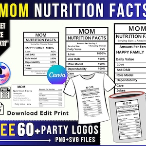 Mom Nutrition Facts SVG Template: Editable Canva Party Favor Logos