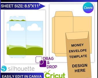 Peut inclure: Modèle de modèle d'enveloppe d'argent avec le texte "MONEY ENVELOPE TEMPLATE DESIGN HERE". La taille de la feuille est de 21,6 cm x 27,9 cm. La conception comprend une scène de paysage et est facilement modifiable dans Canva, Silhouette et Cricut.