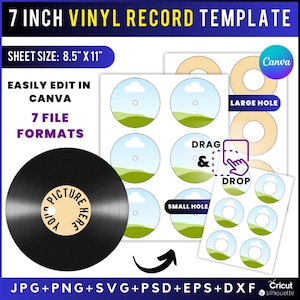 Könnte beinhalten: Digitalvorlage für 7-Zoll-Vinylplatten. Das Design umfasst eine schwarze Vinylplatte mit dem Aufdruck "Picture Here". Die Vorlage ist einfach in Canva zu bearbeiten und wird in 7 Dateiformaten geliefert. Blattgröße: 21,6 cm x 27,9 cm.