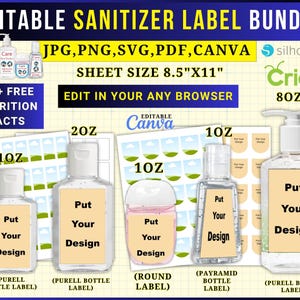 Puede incluir: Un paquete de etiquetas de desinfectante de manos editable con varios diseños. La imagen incluye etiquetas para diferentes tamaños de botellas, incluyendo 295 ml y 591 ml, y un tamaño de hoja de 21,6 cm x 27,9 cm. Las etiquetas son personalizables.