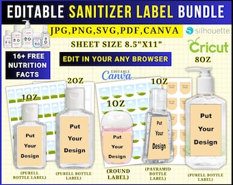 Hand Sanitize Label Templates, Mini Hand Sanitizer Label, Hand Sanitize label SVG, 8.5"x11" Sheet, Printable, Canva Editable Labels, Cricut