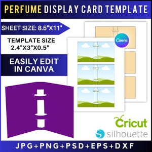 以下が含まれることがあります： 「PERFUME DISPLAY CARD TEMPLATE」のテキストが入った香水ディスプレイカードテンプレート。シートサイズは21.6cm x 27.9cm、テンプレートサイズは6.1cm x 7.6cm x 1.3cmです。「EASILY EDIT IN CANVA」のテキストが含まれています。画像にはCricutとSilhouetteのロゴも含まれています。