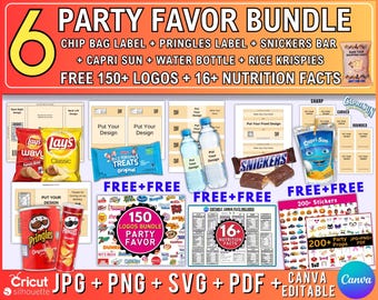 6 Party Favor Template Bundle, Chip Bag Template, Chocolate Bar , Water Bottle Labels, Pringles Template, Party Favor , SVG , Canva Editable