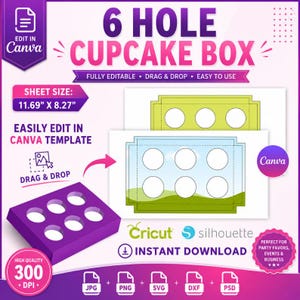 Cupcake Box Template, 6 Hole Insert Cupcake Box, Cupcake Holder Template, Party Favors, Gift Box, Packaging Box, Treats Box Drag & drop, DIY