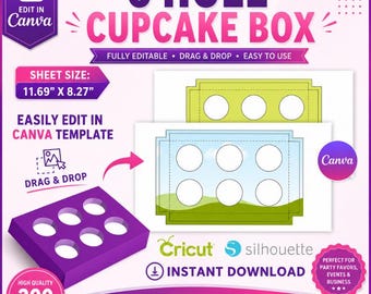 Cupcake-Box-Vorlage, 6-Loch-Einsatz-Cupcake-Box, Cupcake-Halter-Vorlage, Gastgeschenke, Geschenkbox, Verpackungsbox, Leckereien Box Ziehen & ablegen, DIY