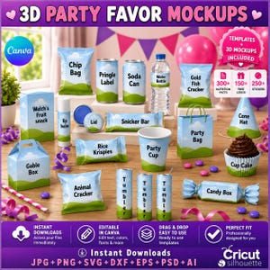 May include: 3D party favor mockups bundle.  JPG, PNG, SVG, DXF, EPS, PSD, and AI downloads.  Includes various party supplies: chip bags, Pringle labels, soda cans, water bottles, chocolate bars, Rice Krispies treats, lip balm, gable boxes,  cone hats, and more.  Designs feature a consistent light blue and green color scheme with white clouds and green hills.
60 Party Favor Mockups Bundle, Party Favor Logos, Chip bag, Water Bottle Mockup, Canva Frame Mockup, 2025 Graduation party favor templates