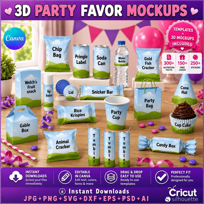May include: 3D party favor mockups bundle.  JPG, PNG, SVG, DXF, EPS, PSD, and AI downloads.  Includes various party supplies: chip bags, Pringle labels, soda cans, water bottles, chocolate bars, Rice Krispies treats, lip balm, gable boxes,  cone hats, and more.  Designs feature a consistent light blue and green color scheme with white clouds and green hills.
60 Party Favor Mockups Bundle, Party Favor Logos, Chip bag, Water Bottle Mockup, Canva Frame Mockup, 2025 Graduation party favor templates