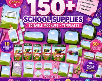 School Supplies, Back to School Mockup Bundle, Editable Canva Templates, Back to School , Composition Notebook, Glue Pencil Crayon, Book DIY