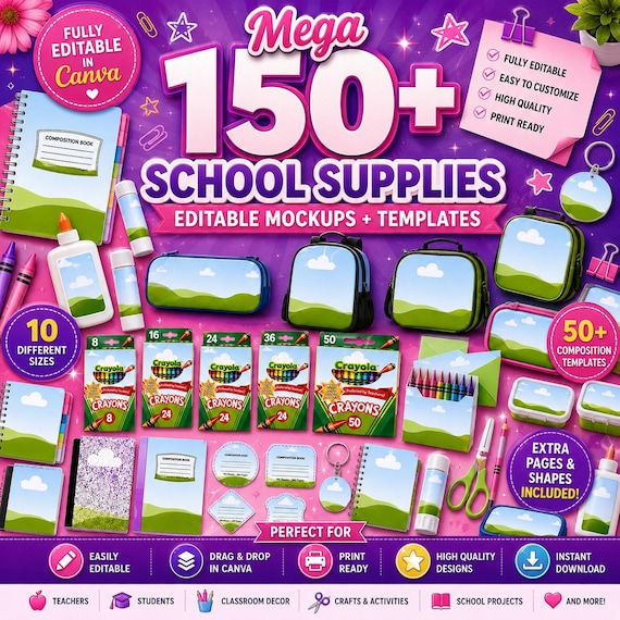 School Supplies, Back to School Mockup Bundle, Editable Canva Templates, Back to School , Composition Notebook, Glue Pencil Crayon, Book DIY