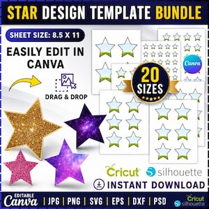 Puede incluir: Un paquete de plantillas de diseño de estrellas con varias formas en purpurina dorada, galaxia púrpura y patrones azul claro. El gráfico incluye texto que indica 20 tamaños, tamaño de hoja 21,59 x 27,94 cm y compatibilidad con Canva, Cricut y Silhouette.