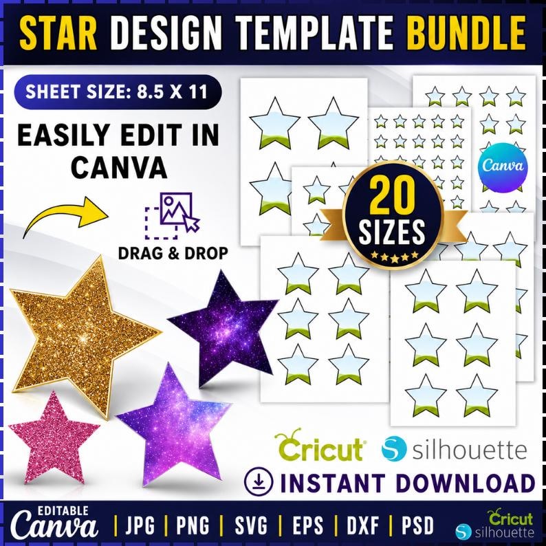 Customiz Stars Star Template Bundle, 20 Star Sizes Canva Editable Templates, Printable ...
