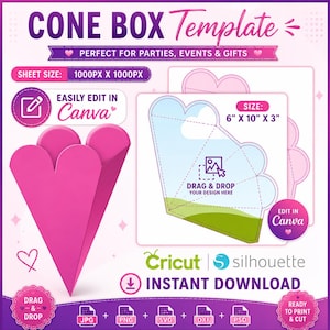 Könnte beinhalten: Eine digitale Kegelschachtel-Vorlage mit einem rosa herzförmigen Schachteldesign. Die Grafik enthält den Text CONE BOX Template, SHEET SIZE: 1000PX X 1000PX, SIZE: 15,24 cm X 25,4 cm X 7,62 cm und INSTANT DOWNLOAD. Symbole für Canva, Cricut und Silhouette.