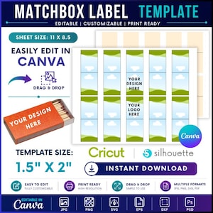 May include: A digital matchbox label template featuring a sheet size of 11 by 8.5 inches and individual label sizes of 1.5 by 2 inches. The design includes a grid of rectangular labels with green and blue graphics, text placeholders, and a sample orange matchbox.