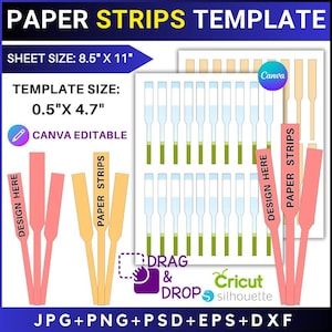 以下が含まれることがあります： 「Paper Strips Template」のテキストが入った、紙ストリップ用のデジタルテンプレート。シートサイズは21.6cm x 27.9cm、テンプレートサイズは1.3cm x 12cmです。「Canva Editable」と「Drag & Drop」機能が含まれており、ファイル形式はJPG、PNG、PSD、EPS、DXFです。