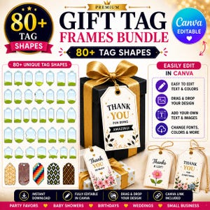 80+ Gift Tag Frames Bundle Canva Editable Template, Gift Tag SVG Bundle, Printable Hang Tag Labels, DIY Party Favor Tags,Cricut Tag Template