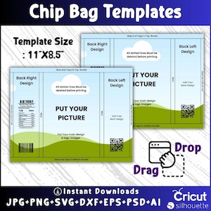 Puede incluir: Plantillas de bolsas de patatas fritas con espacio para una imagen y texto. El tama&ntilde;o de la plantilla es de 27,9 cm x 21,6 cm. El dise&ntilde;o incluye &aacute;reas para los dise&ntilde;os traseros derecho e izquierdo. La imagen tambi&eacute;n incluye el texto "Descargas instant&aacute;neas".