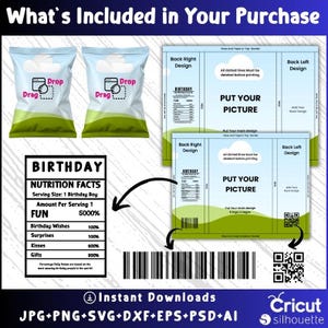 Puede incluir: Paquete de descarga digital con gr&aacute;ficos de cumplea&ntilde;os. Incluye dos dise&ntilde;os de bolsas, una etiqueta de informaci&oacute;n nutricional y un dise&ntilde;o de tres pliegues con espacio para agregar una imagen. Formatos: JPG, PNG, SVG, DXF, EPS, PSD y AI.