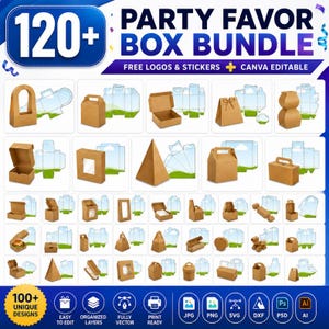 Könnte beinhalten: Ein digitales Paket mit über 120 Vorlagen für Gastgeschenk-Boxen im braunen Kraftpapier-Stil. Das Bild zeigt verschiedene Boxformen, darunter Giebel-, Pyramiden- und Sichtfensterboxen, neben ihren flachen Stanzvorlagen. Der Text umfasst 120+ PARTY FAVOR BOX BUNDLE, FREE LOGOS & STICKERS, CANVA EDITABLE und 100+ UNIQUE DESIGNS.