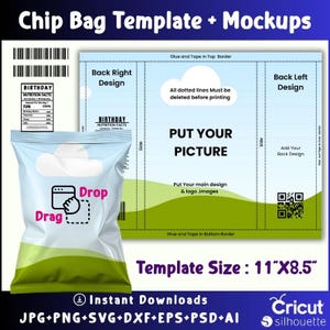 以下が含まれることがあります： チップバッグのテンプレートとモックアップ。雲とドラッグアンドドロップグラフィックのデザインが特徴です。テンプレートサイズは27.9cm x 21.6cmです。JPG、PNG、SVG、DXF、EPS、PSD、AI形式のインスタントダウンロードが含まれています。デザインには栄養成分表示が含まれています。