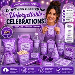 May include: 600+ party favor templates, easily drag and drop in Canva.  Instant downloads include JPG, PNG, SVG, DXF, EPS, PSD, and AI files.  Templates feature green and white designs for chip bags, Pringle labels, soda cans, water bottles, chocolate bars, ring pops, and candy boxes.  Text includes 'Put Your Design Here', 'Design Here', and product names.