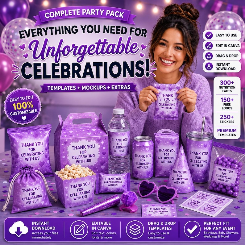 May include: 600+ party favor templates, easily drag and drop in Canva.  Instant downloads include JPG, PNG, SVG, DXF, EPS, PSD, and AI files.  Templates feature green and white designs for chip bags, Pringle labels, soda cans, water bottles, chocolate bars, ring pops, and candy boxes.  Text includes 'Put Your Design Here', 'Design Here', and product names.