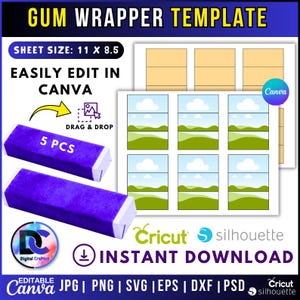 May include: A digital gum wrapper template with the text "GUM WRAPPER TEMPLATE" and "SHEET SIZE: 11 X 8.5". The design includes editable elements in Canva, with a "DRAG & DROP" feature. Two purple gum wrappers are shown, along with a "5 PCS" label.