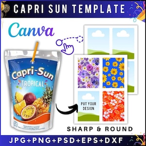 Puede incluir: Una imagen de una bolsa de jugo Capri-Sun Tropical con una pajita, junto con plantillas de diseño. La imagen incluye el texto "CAPRI SUN TEMPLATE" y "Canva". Las plantillas adicionales presentan diseños florales y de paisajes. El texto inferior dice "SHARP & ROUND" y tipos de archivos.