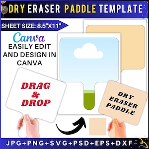 May include: Dry erase paddle template with the text "DRY ERASER PADDLE TEMPLATE" at the top. The sheet size is 8.5"x11". The design includes the Canva logo and the words "EASILY EDIT AND DESIGN IN CANVA". The words "DRAG & DROP" are also visible.