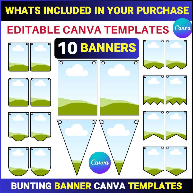 Bunting Banner Template Bundle, Canva Editable Bunting Banners, Flag ...