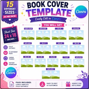Peut inclure: Un ensemble de modèles de couverture de livre numérique comprenant 15 tailles différentes. Le graphique présente diverses options de mise en page avec des dimensions en pouces, notamment 4,25 x 6,87, 5,5 x 8,5, 6 x 9, 7,5 x 7,5, 8,5 x 8,5, 9 x 7, 10 x 8, 10 x 12, 10 x 10, 8 x 10, 8 x 12, 7 x 9, 6,5 x 6,5 et 9,5 x 9,5, avec une taille de feuille de 24 x 18 pouces.