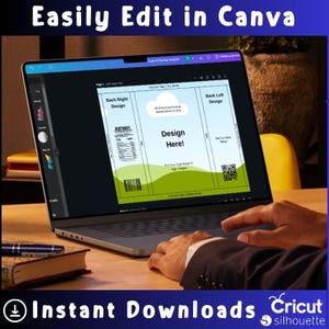 Puede incluir: Un port&aacute;til muestra una plantilla de dise&ntilde;o con el texto "Design Here!" y "Easily Edit in Canva." La plantilla incluye secciones etiquetadas como "Back Right Design" y "Back Left Design." La parte inferior de la imagen dice "Instant Downloads" y el logo de Cricut silhouette.