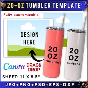 20oz Skinny Tumbler Template, Tumbler Template Svg, Tumbler Sublimation, Tapered Straight, Skinny Tumbler Full Wrap, Editable Canva Template