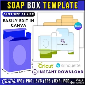 Puede incluir: Una plantilla de caja de jabón morada con dimensiones de 7 cm x 3,2 cm y un tamaño de hoja de 27,9 cm x 21,6 cm. El diseño incluye una caja azul y un diseño para editar en Canva. El texto dice "EASILY EDIT IN CANVA" y "INSTANT DOWNLOAD".