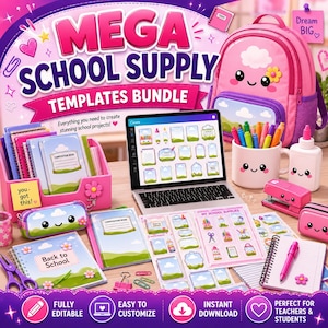 May include: A digital collection of school supply templates featuring a pink and blue colour palette with cute, smiling faces on items like backpacks, notebooks, pencil cases, and staplers. The text reads MEGA SCHOOL SUPPLY TEMPLATES BUNDLE.Back to School Mockup Bundle Canva Template, School Supply Label Mockups, Notebook Glue Pencil Crayon Mockup,Editable Canva Digital Download
✔ Composition Notebook Mockup
✔ Glue Stick Mockup