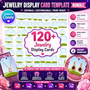 Puede incluir: Un paquete digital de más de 120 plantillas de tarjetas para exhibir joyas con diversas formas y un gráfico de cielo azul claro y hierba verde. Incluye archivos editables de Canva y formatos listos para imprimir JPG, PNG, SVG, PDF, EPS, DXF y PSD.