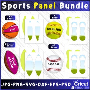 May include: A sports panel bundle graphic with a basketball, softball, baseball, and football designs. The basketball template is 9" x 2.5". The image includes the text "Sports Panel Bundle", "SOFT BALL PANEL", and "BASE BALL". The file formats are JPG, PNG, SVG, DXF, EPS, and PSD.