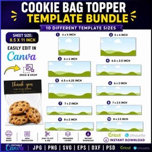 Pacote de modelos para toppers de saquinhos de biscoito, pacote de modelos para toppers de saquinhos de doces, modelo para lembrancinhas de festa, designs de aniversário, Canva editável com recurso "arrastar e soltar", faça você mesmo