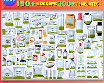 May include: A digital party favor bundle mockup with various items like candy bars, chips, and water bottles. The image includes text that reads "PARTY FAVOR BUNDLE" and "150+ MOCKUPS 300+ TEMPLATES". The bundle includes JPG, PNG, SVG, DXF, EPS, and PSD files.