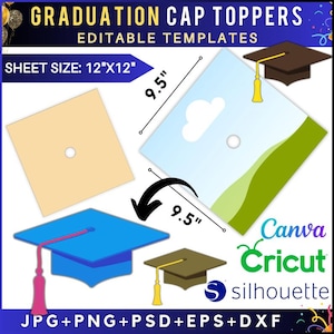 Può includere: Immagine di decorazioni per cappelli di laurea con modelli modificabili. La dimensione del foglio è di 30,48 cm x 30,48 cm. L'immagine include esempi di cappelli di laurea con nappe e un design a nuvola. È incluso anche il testo "Canva", "Cricut" e "silhouette".