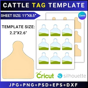 Cattle Tag Template, Cow Tag Earring, Cattle Tag Svg, Cow Tag Keychain Sublimation, Cow Tag Earring,  Canva drag & drop,  Png, Svg, Dxf